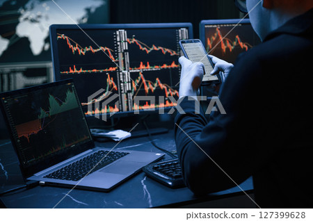 Financial Analyst Working on a Computer with Multi-Monitor Workstation with Real-Time Stocks, Commodities and Exchange Market Charts. 127399628