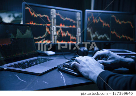Financial Analyst Working on a Computer with Multi-Monitor Workstation with Real-Time Stocks, Commodities and Exchange Market Charts. 127399640