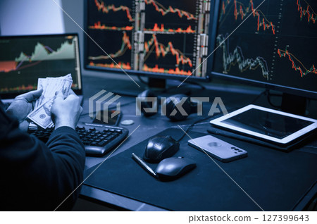 Financial Analyst Working on a Computer with Multi-Monitor Workstation with Real-Time Stocks, Commodities and Exchange Market Charts. 127399643