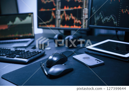 Financial Analyst Working on a Computer with Multi-Monitor Workstation with Real-Time Stocks, Commodities and Exchange Market Charts. Financial Analyst Working on a Computer with Multi-Monitor Workstation with Real-Time Stocks, Commodities and Exchange Market Charts. 127399644