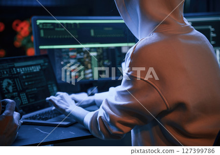 Phishing attack. Young professional female hacker is indoors by computer with lot of information on displays 127399786
