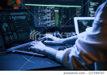 Close up view of female hacker hands, typing on keyboard Close up view of female hacker hands, typing on keyboard 127399787