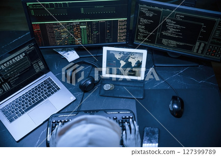 Top view. Young professional female hacker is indoors by computer with lot of information on displays Top view. Young professional female hacker is indoors by computer with lot of information on displays 127399789