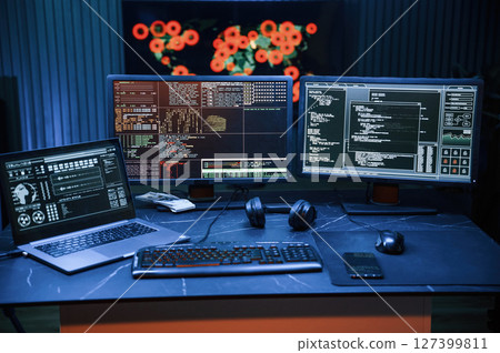 Cyber criminal haker dark room for massive attack of corporate big data servers Cyber criminal haker dark room for massive attack of corporate big data servers 127399811