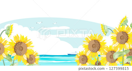 夏日海灘與向日葵田風景插畫 127399815