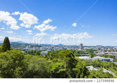 Panoramic view of Sendai city - Statue of Date Masamune on horseback 127399846