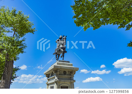 Panoramic view of Sendai city - Statue of Date Masamune on horseback 127399856