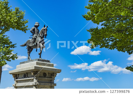 Panoramic view of Sendai city - Statue of Date Masamune on horseback 127399876