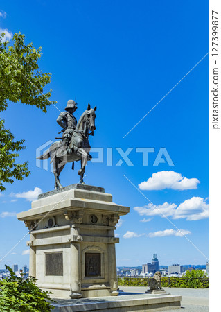 Panoramic view of Sendai city - Statue of Date Masamune on horseback 127399877