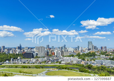Panoramic view of Sendai city - Statue of Date Masamune on horseback 127399887