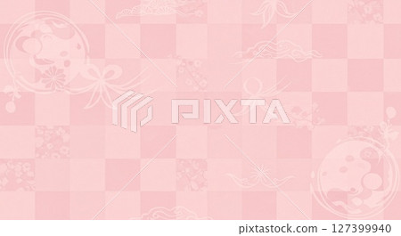 A soft pink checkered background with flowers, ribbons and waves A soft pink checkered background with flowers, ribbons and waves 127399940