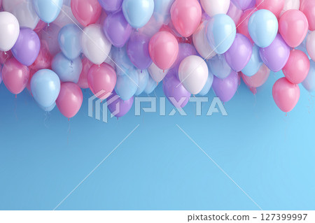 Gold and multicolored color balloons with customizable space for text. Event celebration concept 127399997