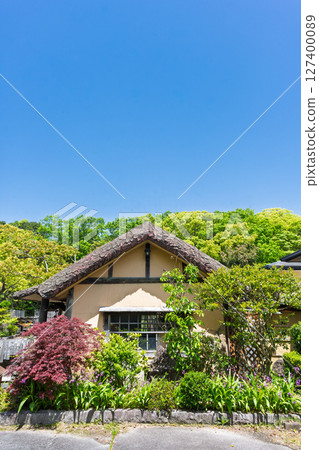 A thatched roof house shining in the blue sky. Oyanocho, Kamiamakusa City. 127400089