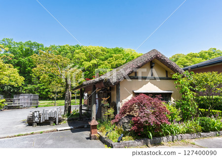 藍天下閃閃發光的茅草屋頂房屋。上天草市大矢野町。 127400090