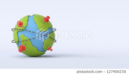 3D globe with travel routes and red pins on white background 127400238