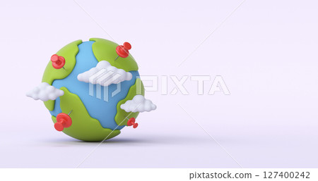 Travel concept, 3D globe with red pins and clouds on light background 127400242