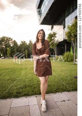 Portrait of beautiful woman with perfect white teeth smile 127400598