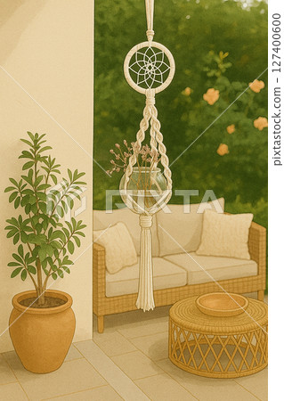 在花園裡一個可愛的空間裡編織花邊 在花園裡一個可愛的空間裡編織花邊 127400600