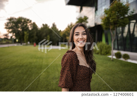 Portrait of beautiful woman with perfect white teeth smile Portrait of beautiful woman with perfect white teeth smile 127400601