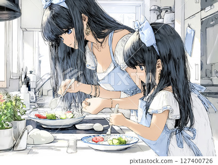 孩子與母親一起上菜的插畫素材 127400726