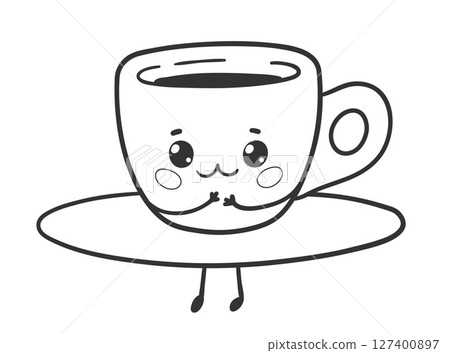 Cute espresso cup on saucer in outline style Cute espresso cup on saucer in outline style 127400897