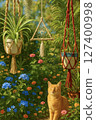 A cat relaxing in a flower garden 127400998
