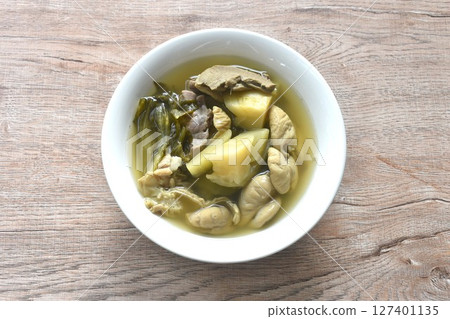boiled pickled cabbage with pork innard in clear soup on bowl boiled pickled cabbage with pork innard in clear soup on bowl 127401135