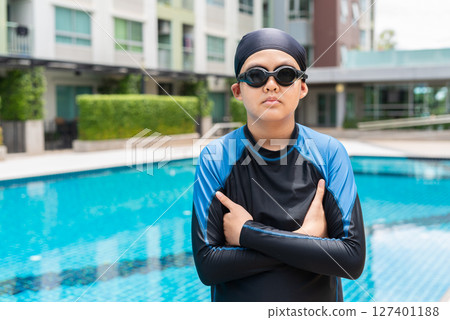 Teenage boy with goggles ready to swim in swimming pool Teenage boy with goggles ready to swim in swimming pool 127401188