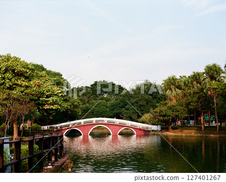 Taichung Park photography of the Red Bridge and lakeside scenery Taichung Park photography of the Red Bridge and lakeside scenery 127401267