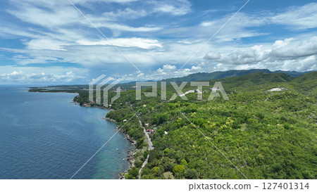 Coast beach Philippines Cebu drone aerial sea Kalubian view beautiful rock pov, tourist place for recreation island and travel inshore waves, people clean water, blue sky love beauty of life, rocky 127401314