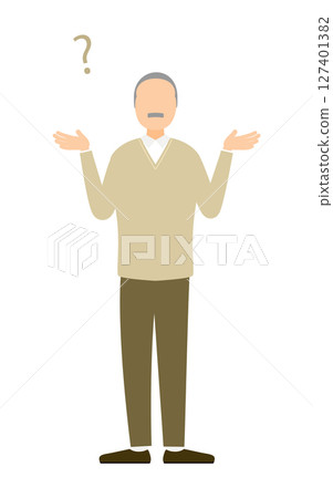 Illustration of a senior man with his arms outstretched in doubt 127401382