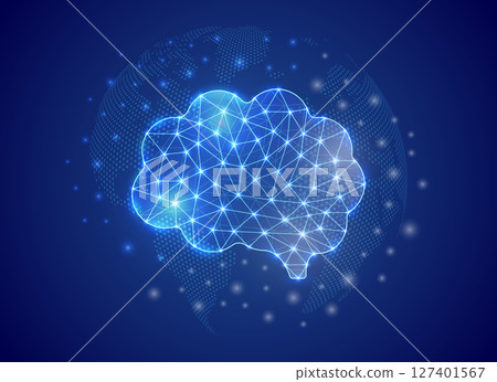 Human brain 3d low poly symbol with world map background. Mind concept design illustration. Organ polygonal symbol Human brain 3d low poly symbol with world map background. Mind concept design illustration. Organ polygonal symbol 127401567