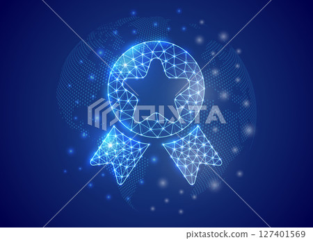 Award low poly symbol with world map background. Reward concept design illustration. Quality guarantee polygonal symbol. Award low poly symbol with world map background. Reward concept design illustration. Quality guarantee polygonal symbol. 127401569