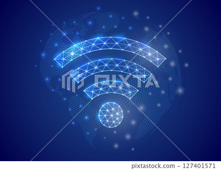 Wi-Fi low poly symbol with world map background. Internet zone concept design illustration. Connection polygonal symbol 127401571