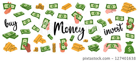 Dollar banknotes set. Flying cash, green banknotes, stack of money, dollar bills, gold coins and bars. Money investment and business concept. 127401638
