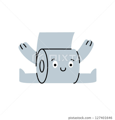 A bendy toilet paper character in a full split pose, smiling widely. Vector illustration. 127401646