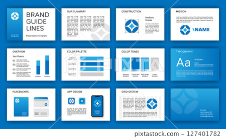 Complete brand identity guide. Logo guideline template. Corporate presentation layout. Logotype system design. 127401782