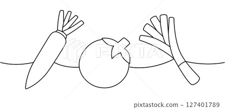 Carrot, tomato, spring onions one line continuous drawing. Fresh organic vegetables. Vector illustration Carrot, tomato, spring onions one line continuous drawing. Fresh organic vegetables. Vector illustration 127401789