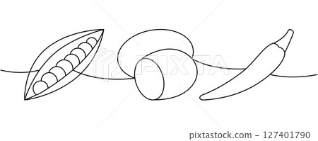 Bunch of peas, potato, chili pepper one line continuous drawing. Fresh organic vegetables. Vector illustration 127401790