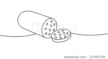 Sausage with slices one line continuous drawing. Butcher shop meat. Vector illustration. Sausage with slices one line continuous drawing. Butcher shop meat. Vector illustration. 127401791