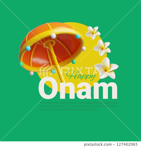 Happy Onam 3D style invitation card vector design, South India Kerala festival, Rangoli flowers, king Mahabali umbrella Happy Onam 3D style invitation card vector design, South India Kerala festival, Rangoli flowers, king Mahabali umbrella 127402065