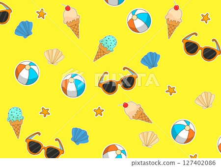 Pop summer background illustration Ice cream, sunglasses, beach ball (yellow) 127402086