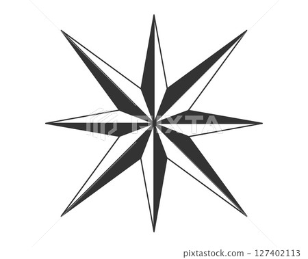 A minimalist, geometric compass rose. Perfect for navigation, travel, adventure, or wayfinding concepts. Clean and versatile. Use it for logo design, icons or backgrounds. 127402113