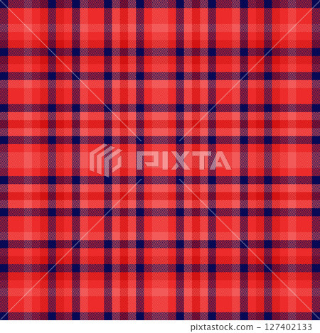 Vibrant tartan pattern in shades of red and blue. Classic design ideal for backgrounds, textiles, and adding a touch of warmth to projects. Versatile visually striking. 127402133