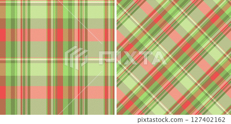 Festive plaid patterns. Two textures, angled straight, in a soft green and red palette. Perfect for holiday designs, backgrounds, crafts, textiles. Festive plaid patterns. Two textures, angled straight, in a soft green and red palette. Perfect for holiday designs, backgrounds, crafts, textiles. 127402162