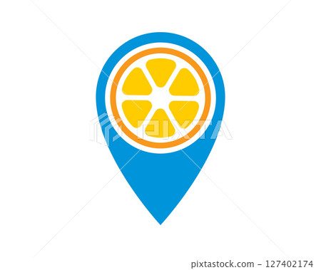 A vibrant, stylized illustration depicting a location pin containing an orange fruit slice. Perfect for representing food delivery, local farmers markets, and healthy food options. A vibrant, stylized illustration depicting a location pin containing an orange fruit slice. Perfect for representing food delivery, local farmers markets, and healthy food options. 127402174