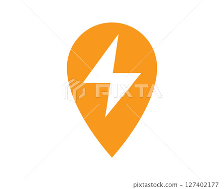 Vibrant icon featuring a lightning bolt within a map pin, symbolizing power, energy, and location. Use for navigation, technology, or innovative solutions. 127402177