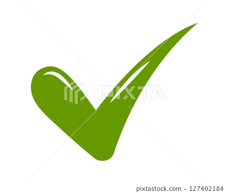 Green check mark on white. Symbol of success, approval, and completion. Use for presentations, checklists, and visual aids. Simple graphic, positive feedback icon. 127402184