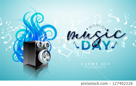World Music Day Banner Illustration with Loudspeaker, Musical Notes and Typography Letter on Blue Background. Vector International June 21 Festival Design Template for Post Card, Greeting Card 127402226