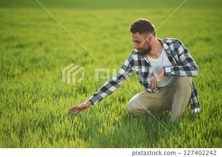 Bearded handsome young man in checkered shirt is on agricultural field Bearded handsome young man in checkered shirt is on agricultural field 127402242
